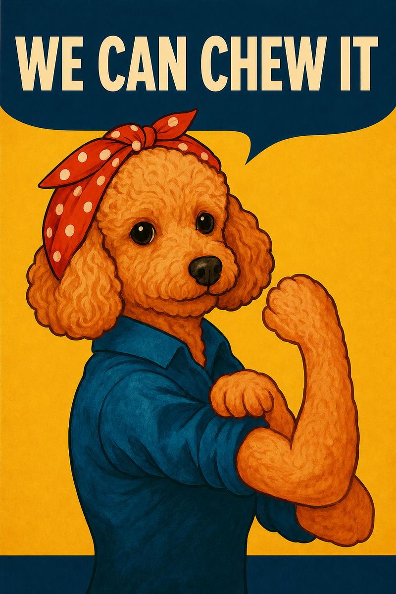 A parody of the classic Rosie the Riveter poster, with a poodle in a red bandana saying "We can chew it"