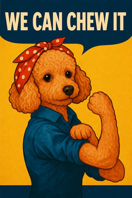 An illustration of the classic 'We can do it' Rosie the Riveter poster, except instead of a woman, an apricot poodle is saying 'We can chew it'.
